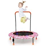 COSTWAY Ø92 cm Kindertrampolin, Mini Trampolin mit LED-Beleuchtung & Abnehmbarer Griff, Fitness Trampolin Gartentrampolin Indoor Outdoor für Kinder von 3-6 Jahren (Rosa)