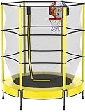 PILIN Kinder Trampolin mit Basketballkorb, 145cm Indoor-Outdoor-Sprungbett mit Federn, erhöhtes Sicherheitsnetz - Geburtstagsspielzeug für Jungen Mädchen, Kinderweihnachtsgeschenk